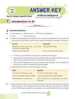 13
Touchpad Artificial Intelligence-IX (Answer Key)
	Introduction to AI
Exercise
Unsolved Questions
A.	
1.	 Deep Learning 2.