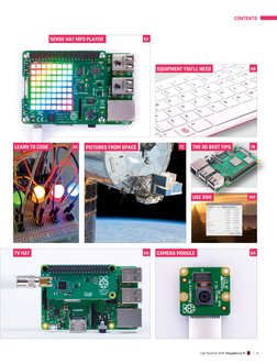 104
62
08
78
72
34
58
64
SENSE HAT MP3 PLAYER
TV HAT
CAMERA MODULE
PICTURES FROM SPACE
USE SSH
EQUIPMENT YOU’LL NEED
LEARN TO