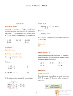MateMática
PREGUNTA N.o 41
El valor de una fracción no cambia si le añadimos
simultáneamente 16 al numerador y 24 al denomin
