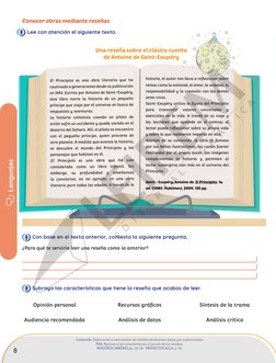 8
Lenguajes
Contenido. Elaboración e intercambio de reseñas de diversos textos y/o audiovisuales.  
PDA. Reconoce las caracte
