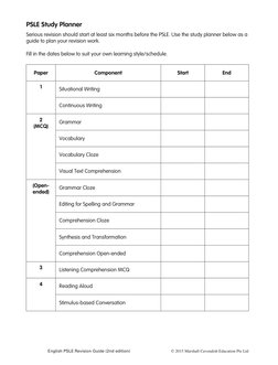English PSLE Revision Guide (2nd edition)
© 2015 Marshall Cavendish Education Pte Ltd
PSLE Study Planner
Serious revision sho