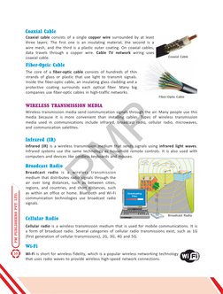 Coaxial Cable
Coaxial cable consists of a single copper wire surrounded by at least 
three layers. The first one is an insula