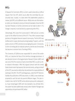 6
RFCs
A Request for Comments (RFC) is a term used to describe an official 
request from the IETF, which occurs after the com