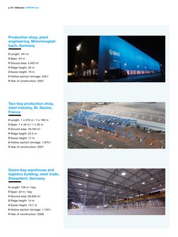 p.10 / Vallourec / PREON box 
 Length: 181 m
 Span: 24 m
 Ground area: 4,400 m2
 Ridge height: 20 m
 Eaves height: 19 m
 Holl