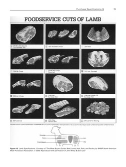 71
Purchase Specii cations 
Figure 4-3 Lamb Specii cations. Courtesy of “The Meat Buyers Guide: Beef, Lamb, Veal, Pork, and