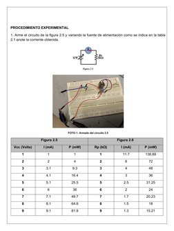 PROCEDIMIENTO EXPERIMENTAL
1. Arme el circuito de la figura 2.5 y variando la fuente de alimentación como se indica en la tab