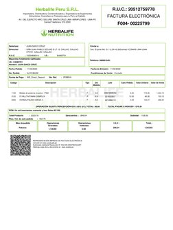 Herbalife Peru S.R.L.
 
 Importadora, Distribuidora, Comercializadora y Exportadora de Suplementos
Alimenticios, Cosm