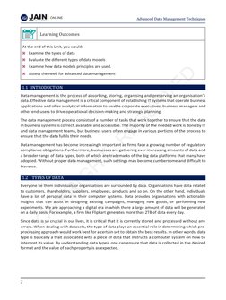 J
DA
EEMED-TOI
-BE UNN
IVERSITY 
JGI 
Advanced Data Management Techniques 
2 
 
 
 
 
 Learning Outcomes 
At the end of this