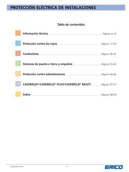 1
www.erico.com
PROTECCIÓN ELÉCTRICA DE INSTALACIONES
Tabla de contenidos
Información técnica ...............................