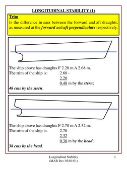 Longitudinal Stability 
(MAR Rev 03/01/01) 
1 
LONGITUDINAL STABILITY (1) 
Trim 
Is the difference in cms between the forward