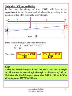 Longitudinal Stability 
(MAR Rev 03/01/01) 
9 
AP 
FP 
F 
Ta      
Tf 
Ship with LCF not amidships 
In this case the change o