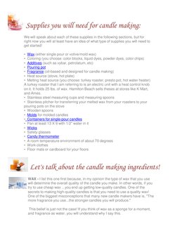 Supplies you will need for candle making: 
We will speak about each of these supplies in the following sections, but for 
rig