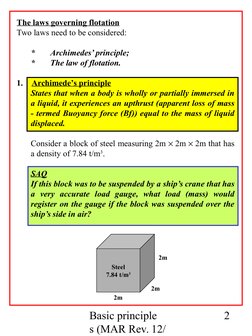 Basic principle
s (MAR Rev. 12/
2
The laws governing flotation
Two laws need to be considered:
*
Archimedes’ principle;
*
The