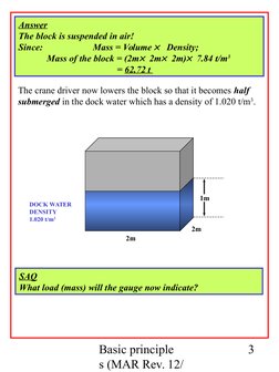 Basic principle
s (MAR Rev. 12/
3
Answer
The block is suspended in air!
Since:
Mass = Volume    Density;
            Mass of