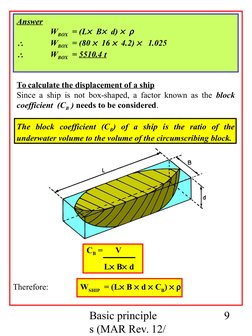 Basic principle
s (MAR Rev. 12/
9
Answer
WBOX  = (L  B  d)   

WBOX  = (80   16   4.2)    1.025

WBOX  = 5510.4 t
To