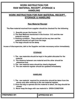 WORK INSTRUCTION FOR
RAW MATERIAL RECEIPT ,STORAGE & 
HANDLING
WORK INSTRUCTION FOR RAW MATERIAL RECEIPT ,
STORAGE & HANDLING