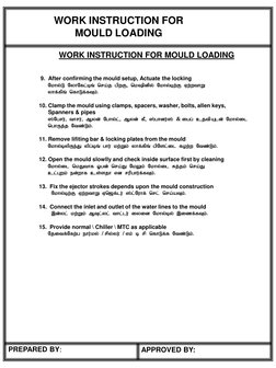 WORK INSTRUCTION FOR 
MOULD LOADING
WORK INSTRUCTION FOR MOULD LOADING
PREPARED BY:
APPROVED BY:
9.  After confirming the mou