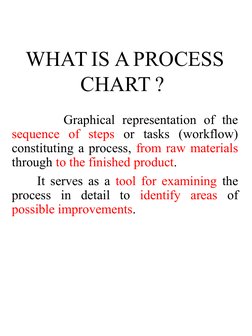 WHAT IS A PROCESS 
CHART ? 
 
   Graphical representation of the 
sequence of steps or tasks (workflow) 
constituting a proce