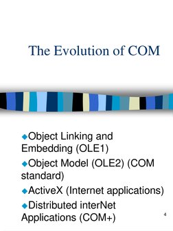 4
The Evolution of COM
Object Linking and 
Embedding (OLE1)
Object Model (OLE2) (COM 
standard)
ActiveX (Internet applicat