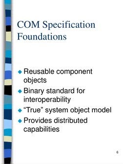 6
COM Specification 
Foundations
Reusable component 
objects
Binary standard for 
interoperability
“True” system object mo