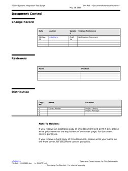 TE.050 Systems Integration Test Script
Document Control
Change Record
3
Date
Author
Versio
n
Change Reference
24-May-
99
<Aut