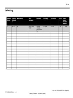 Defect Log
Defect ID 
Number
Test Step 
Referenc
e
Module Name
Defect 
Description
Resolution
Re-Test By
Re-Test Date
Pass/Fa