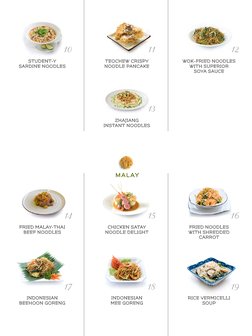 ZHAJIANG
INSTANT NOODLES
TEOCHEW CRISPY
NOODLE PANCAKE
CHICKEN SATAY
NOODLE DELIGHT 
WOK-FRIED NOODLES 
WITH SUPERIOR
SOYA SA