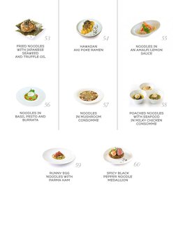 NOODLES IN
AN AMALFI LEMON
SAUCE
NOODLES
IN MUSHROOM
CONSOMME
RUNNY EGG
NOODLES WITH
PARMA HAM 
HAWAIIAN
AHI POKE RAMEN
POACH