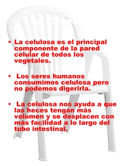 La Celulosa
• La celulosa es el principal 
componente de la pared 
celular de todos los 
vegetales.
•
Los seres humanos 
cons