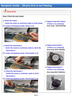 - 9/12 - 
Check Point 
Symptom Guide -  [Dryer] Unit is not Heating 
Step 3 Check the Assy Heater  
 
① Check the Heater 
  -