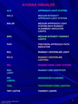 CARLOS ALBERTO URIBE ROZO
CARLOS ALBERTO URIBE ROZO
INSTRUCTOR ATS
INSTRUCTOR ATS
22
AYUDAS VISUALES
ALS
APPROACH LIGHT SYS