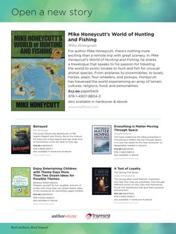 Real Authors, Real Impact
Open a new story 
Mike Honeycutt’s World of Hunting
and Fishing
Mike Honeycutt
For author Mike Hone