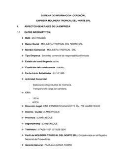 SISTEMA DE INFORMACION  GERENCIAL 
EMPRESA MOLINERA TROPICAL DEL NORTE SRL 
I. 
ASPECTOS GENERALES DE LA EMPRESA  
1.1 
DATOS