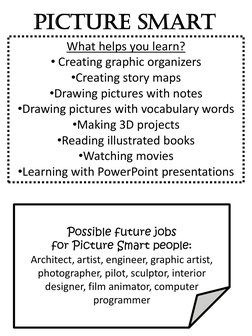 Picture Smart 
What helps you learn? 
• Creating graphic organizers 
•Creating story maps 
•Drawing pictures with notes 
•Dra