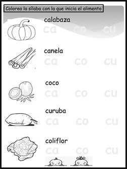 ca   co   cu
ca   co   cu
ca   co   cu
ca   co   cu
ca   co   cu
Colorea la sílaba con la que inicia el alimento
calabaza
can