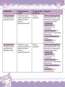 Antibiótico 
Mecanismo de 
acción
Grupo al que 
pertenece
Espectro
3ra Generación: 
Levofloxacino, 
grepafloxacino.
Inhibició