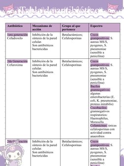 Antibiótico 
Mecanismo de 
acción
Grupo al que 
pertenece
Espectro
1era generación 
Cefadroxilo
Inhibición de la 
síntesis de