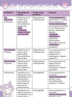 Antibiótico 
Mecanismo de 
acción
Grupo al que 
pertenece
Espectro
3era 
Generación 
Ceftriaxona 
Inhibición de la 
síntesis