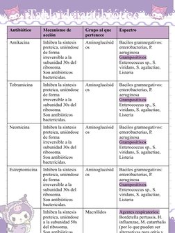 Antibiótico 
Mecanismo de 
acción
Grupo al que 
pertenece
Espectro
Amikacina
Inhiben la síntesis 
proteica, uniéndose 
de for