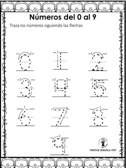 Números del 0 al 9
0
1
2
3
4
5
6
7
8
9
Traza los números siguiendo las flechasMaterial didáctico HERI
