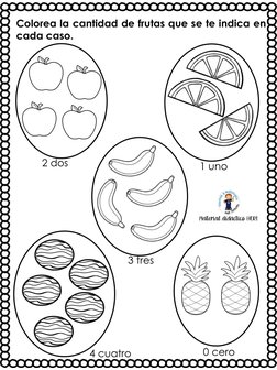 Colorea la cantidad de frutas que se te indica en
cada caso.
2 dos
1 uno
3 tres
0 cero
4 cuatroMaterial didáctico HERI
