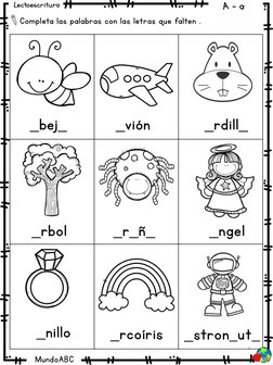 MundoABC
Lectoescritura
A - a
Completa las palabras con las letras que falten .
_stron_ut_
_rcoíris
_nillo 
_rbol
_r_ñ_
_ngel