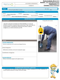 Primer Auxilio Dolor Lumbar
Febrero 06 de 2019
Batería Mary
Bombas
Área Unidad Bombeo Hidráulico
Operador realizando activida