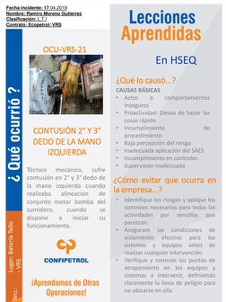 CONTUSIÓN 2° Y 3°
DEDO DE LA MANO 
IZQUIERDA
Nro.:
Lugar: Batería Tello 
- VRS 
En HSEQ
¿Qué lo causó...?
¿Cómo evitar que oc