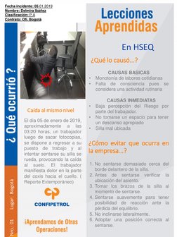 Caída al mismo nivel
Nro.: 01
Lugar:  Bogotá
En HSEQ
¿Qué lo causó...?
¿Cómo evitar que ocurra en
la empresa...?
El día 05 de