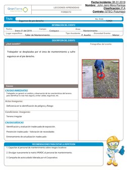 Esguince de pie derecho
Enero 31 del 2019
Costayaco
Mantenimiento
Taller de Mantenimiento
Trabajador se desplazaba por el áre