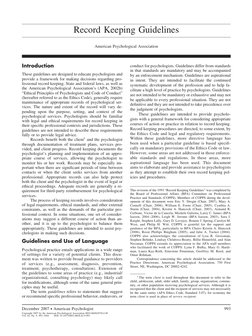 Record Keeping Guidelines
American Psychological Association
Introduction
These guidelines are designed to educate psychologi