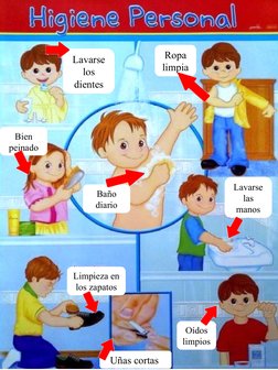 Lavarse 
los 
dientes
Ropa 
limpia
Bien 
peinado
Baño 
diario
Lavarse 
las 
manos
Limpieza en 
los zapatos
Uñas cortas 
Oídos