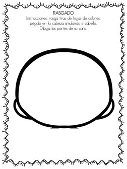 RASGADO 
Instrucciones: rasga tiras de hojas de colores,  
pégalo en la cabeza simulando si cabello.  
Dibuja las partes de s