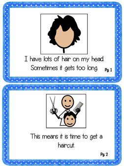 I have lots of hair on my head. 
Sometimes it gets too long.  
This means it is time to get a 
haircut.  
Pg. 1 
Pg. 2 
